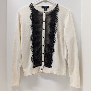 August Silk Heritage Cardigan Sweater w/ Lace Eyelash Trim in Bavarian Cream